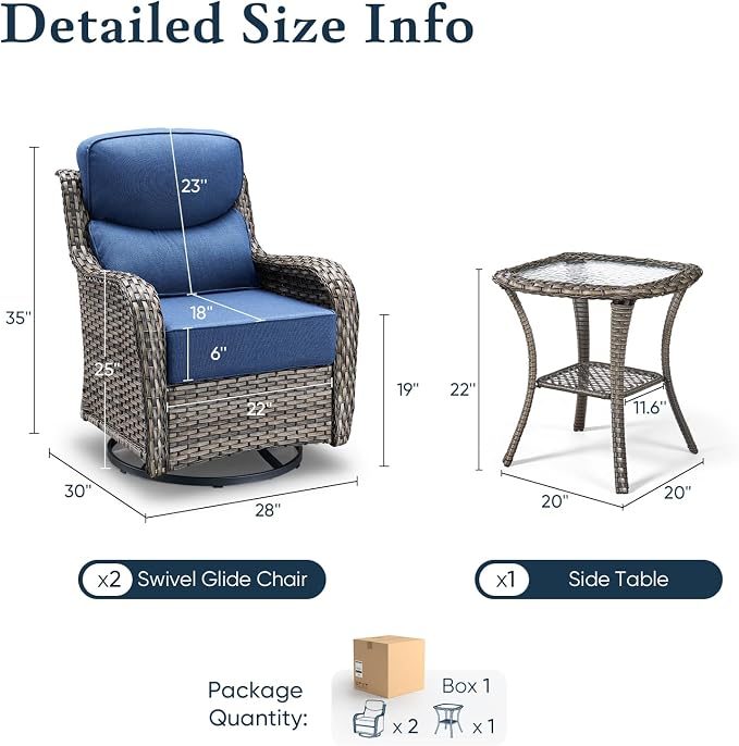 Belord Luxury 6" Thick Cushioned Outdoor Swivel Rocker Patio Chairs with Side Table, High Back Furniture Set with Ergonomic Zone Back, Wicker Conversation Glider Set for Deck Porch - Grey+Blue