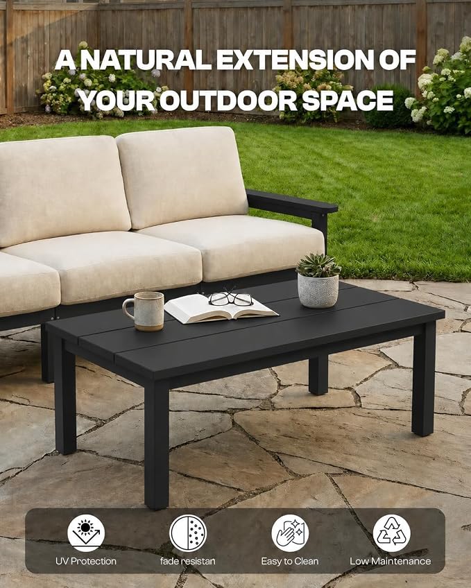 43.9" HDPE Outdoor Coffee Table, (Black) | All-Weather HDPE, Easy Assembly, Low-Maintenance, Large Tabletop, For Patio Deck Poolside Backyard Use