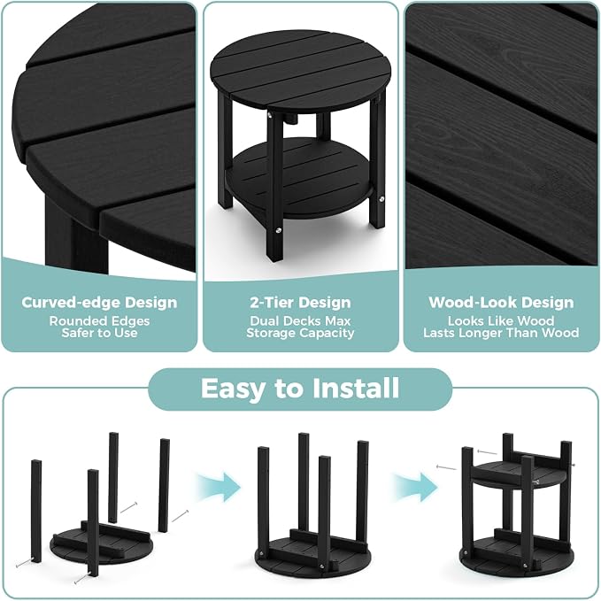 Outdoor Side Table, Adirondack Round 2-Tier Patio Table, Easy Maintenance & Weather Resistant, HDPE End Table for Backyard, Pool, Patio, Porch, Black