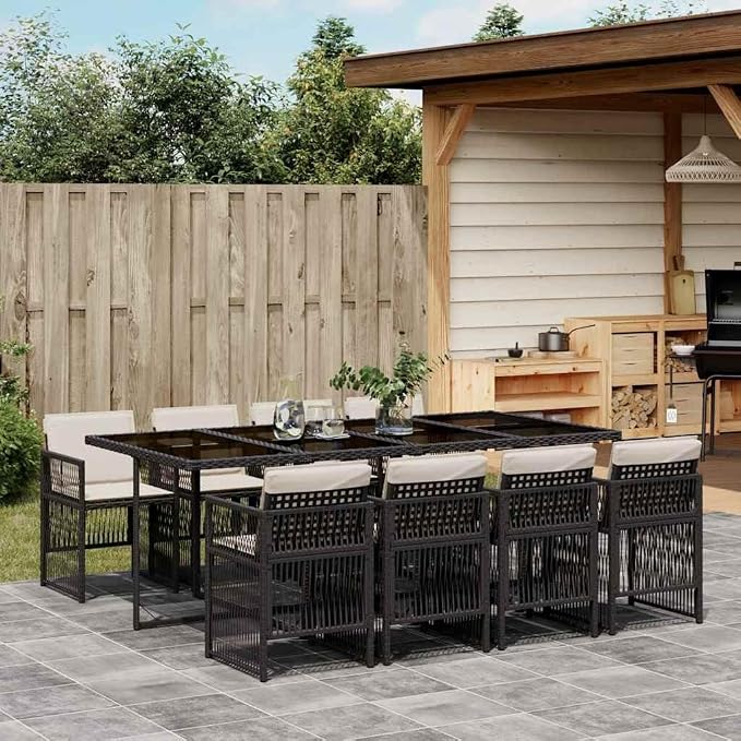9 Piece Patio Dining Set with Cushions, Foldable Outdoor Rattan Furniture, Space-Saving Cube Dining Table and Chairs for Garden, Backyard, Black
