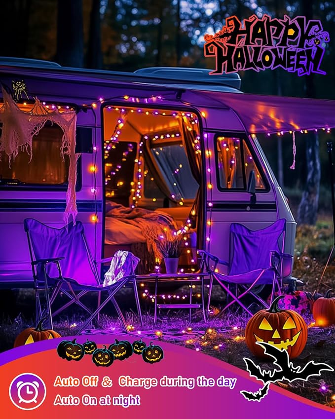 JMEXSUSS Solar Halloween Lights Orange and Purple, 2 Pack Total 200LED 66FT | Outdoor Waterproof, 8 Mode Black Wire Solar Fairy String Lights for Outside Yard Patio Garden Spooky Party Decorations