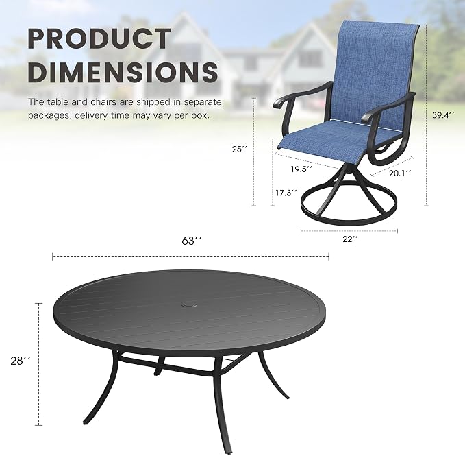 Outdoor Dining Set for 8, 63" Metal Round Outdoor Dining Table with Umbrella Hole and Sling Patio Swivel Chairs, 9 Pieces Patio Table and Chairs Set for Garden Backyard, Dark Blue and Black