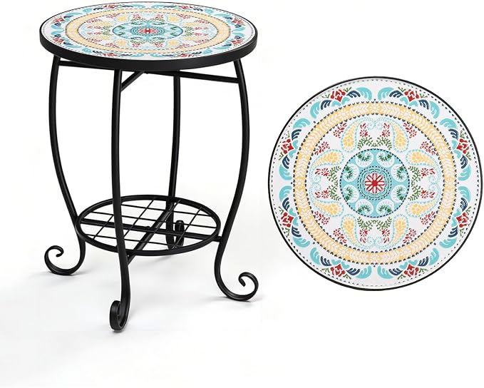 VINGLI Outdoor Side Table for Patio, Small Outdoor Table with Storage Shelf, Heavy Duty Metal Frame Patio Side Table for Outside Balcony Garden Porch (Celadon Flower Realm)