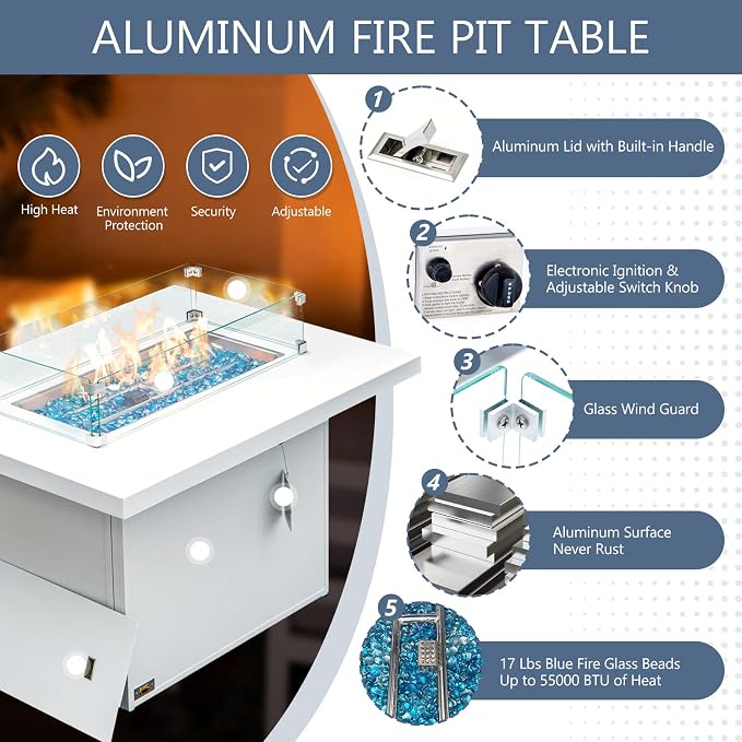 RADIATA 9 Pieces Aluminum Patio Furniture Set with Fire Pit Table, Modern Outdoor Sectional Sofa, Large Conversation Seat with Thick Cushion for Garden Backyard Deck Porch (White)