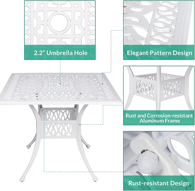 VIVIJASON 5-Piece Outdoor Patio Dining Set, All-Weather Cast Aluminum Conversation Set, Patio Furniture Set for Balcony Lawn Garden, Include 4 Swivel Chairs, 1 Square Table w/Umbrella Hole, White