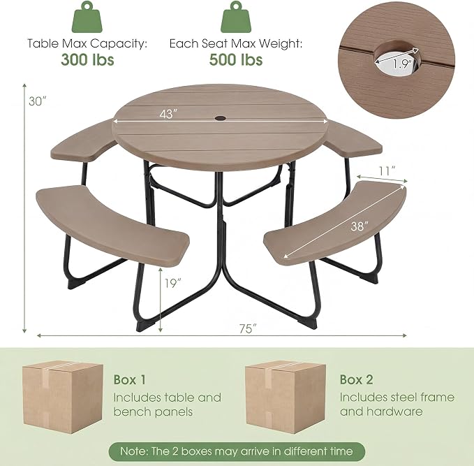 Giantex Picnic Table Set for Up to 8 Persons, Round Outdoor Table and Bench Set with Umbrella Hole, HDPE Top & Metal Frame, 2000LBS Capacity, Patio Table Bench for Deck Backyard Garden, Coral Reef