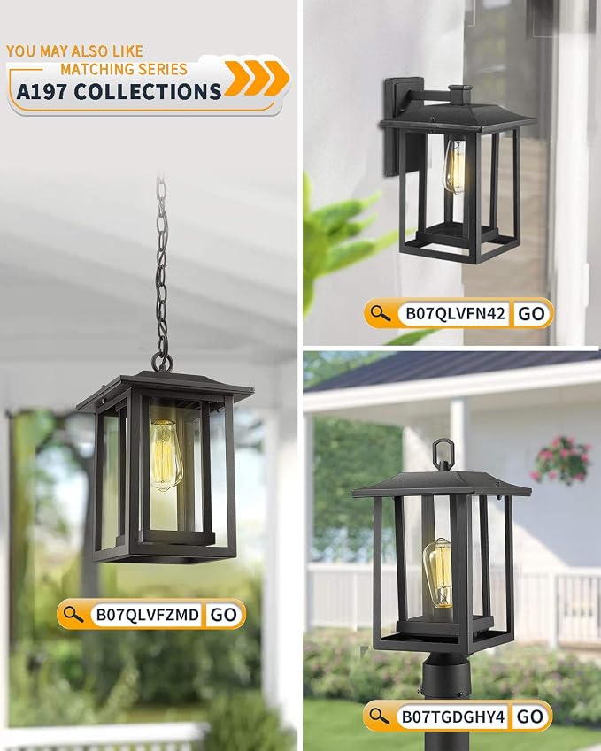 Beionxii Outdoor Wall Mount Light, Dusk to Dawn Exterior Light Fixture Outside Lights for House Porch Patio, Black Cast Aluminum w/Clear Glass (13.5" x 9") - A197W-1PK