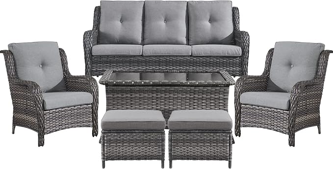 Belord Patio Wicker Sofa Set 6 Pieces Patio Furniture Set Outdoor Couch, 2 Patio Wicker Chairs with 1 Sofa, Coffee Table and Ottomans, Patio Conversation Set for Porch Garden Deck Balcony Poolside