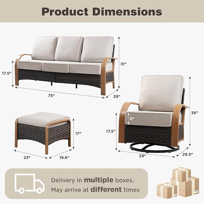 Belord 5 Piece Outdoor Patio Furniture Set with 6-Inch Thick Cushions, Outdoor Swivel Rocker Chairs with Patio Couch and Ottomans, 3 Seater Wicker Sofa for Deck Proch Balcony Yard, Wood & Beige