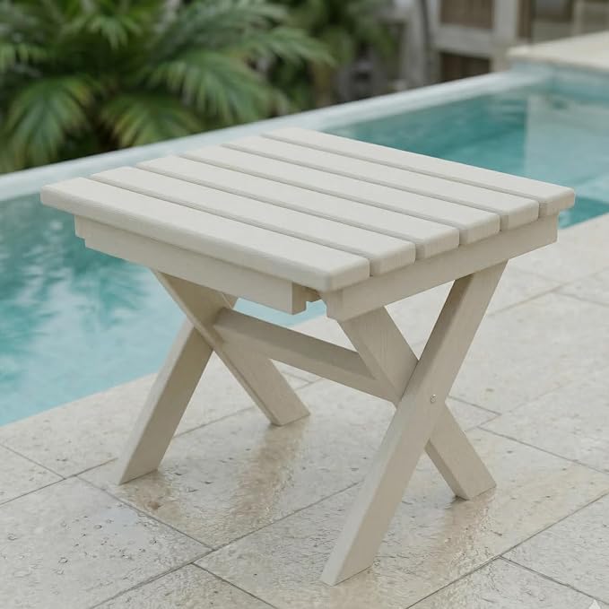 Outdoor Folding Side Table,HDPE Material, Portable Space-Saving Design, Weather-Ready with Authentic Wood-Grain Feel (White, 1 Table)