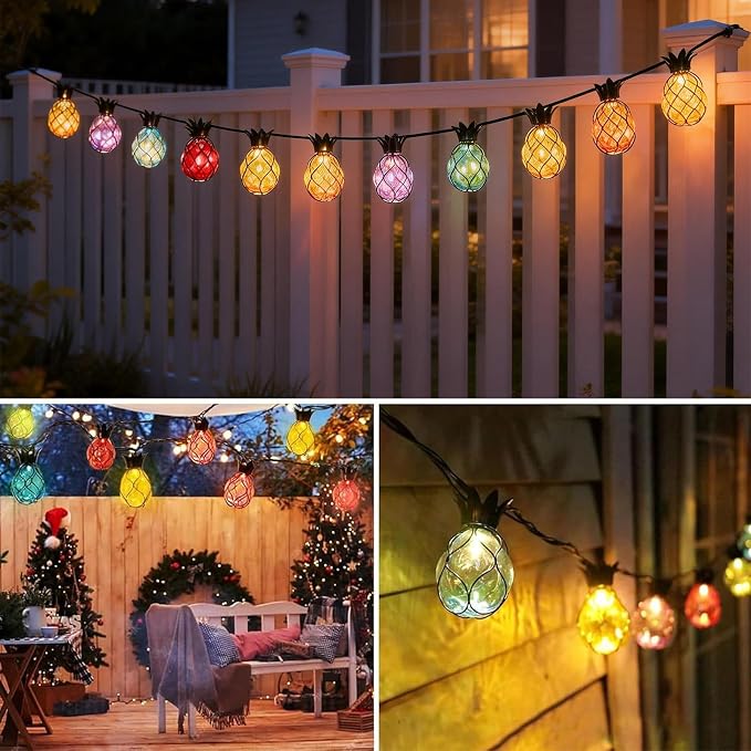 Vigdur Pineapple String Lights, 10FT Multicolor Patio Lights Outdoor | 10 Plastic Pineapple Bulbs, UL Listed, 10 Strands Connectable, Outdoor Hanging Lights for Porch Garden Wedding Party Decor