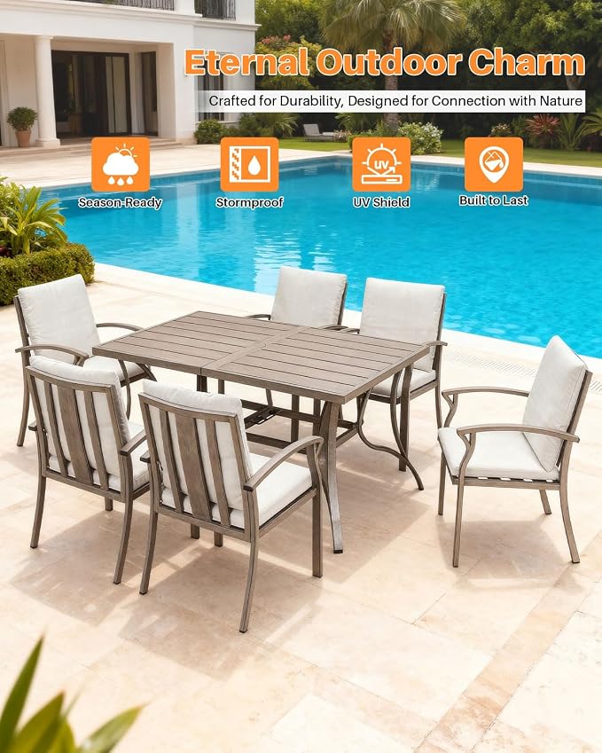 7-Piece Outdoor Patio Dining Set, Never-Rust Aluminum Patio Dining Set with Umbrella Hole, Outdoor Table and Chairs with Cushions, Patio Furniture Sets for Lawn, Garden, Backyard, Limed Oak