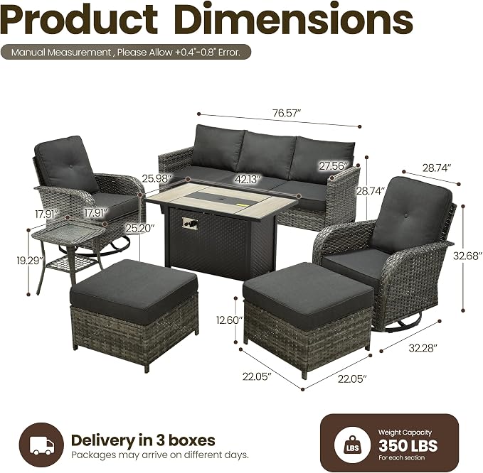 7 Piece Patio Furniture Set with Firepit Swivel Chair, Black | High Back Swivel Rocker Chairs, Deep Seat Sofa Ottoman, Fire Pit Table, Outdoor Conversation Sets for Porch Deck Backyard