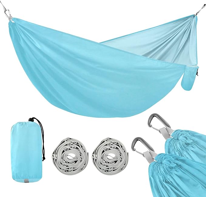 Sky Blue Solid Color Camping Hammock, Portable Lightweight Single Hammock with Tree Straps and Aluminum Carabiners, 114" x 54" Travel Hammock for Hiking Backpacking Beach
