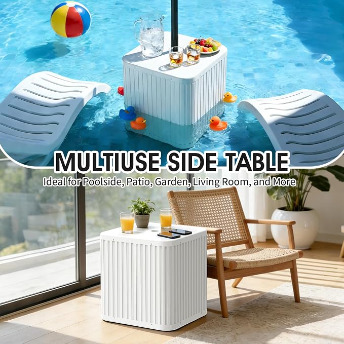 BoYata Outdoor Umbrella Side Table, 2-in-1 Outdoor Side Table with Umbrella Hole, 15.9 Gallon Fillable Umbrella Stand Base, Fit Up to 1.5" Pole, Square Patio Side Table for Poolside, Deck, Matte White