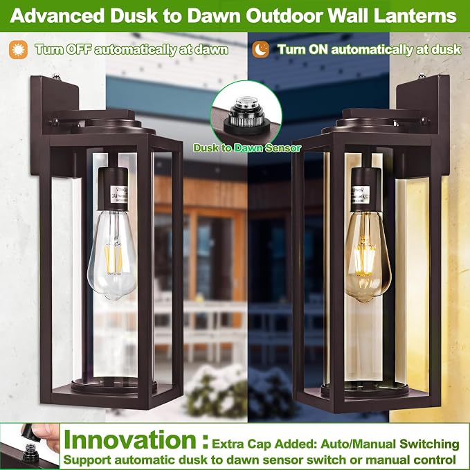 FILIYANO Large Dusk to Dawn Outdoor Wall Lights, Oil Rubbed Bronze, 2 Pack | 16 Inch, Anti-Rust, Waterproof, Brown Exterior Fixtures with Photocell, Modern Farmhouse Sconces for Garage, Porch,Front Door