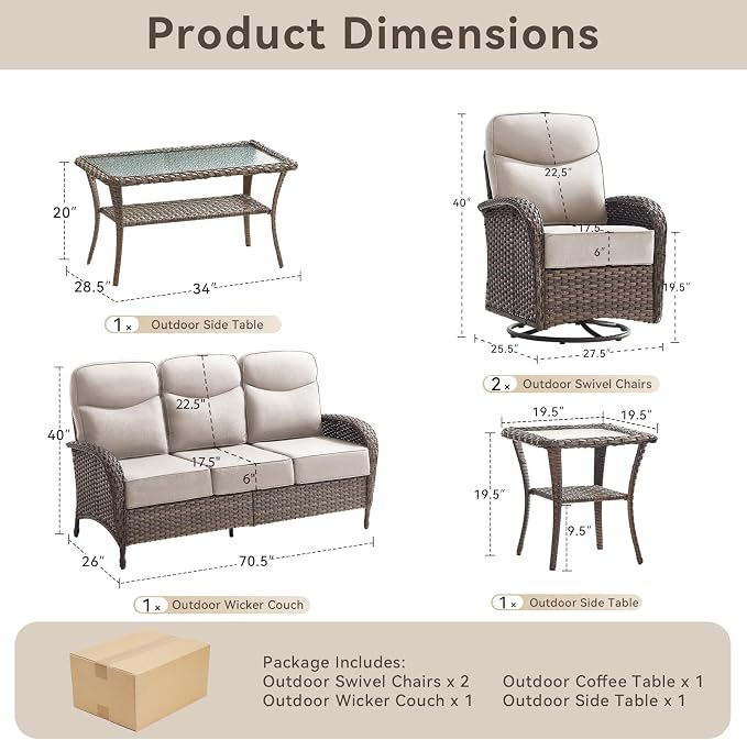 Luxury Outdoor Patio Furniture Set with 6-Inch Thick Cushions, 5 Pieces Wicker Outdoor Furniture with High Back Swivel Patio Chairs Set of 2, Outdoor Conversation Set for Deck Garden Porch, Beige