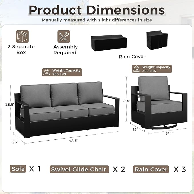 Outdoor Patio Furniture Set, 3-Piece Aluminum Patio Conversation Set All-Weather Metal Outdoor Sectional with 6 Inch Thick Cushions, Deep Setting for Garden, Outside and Porch, Grey