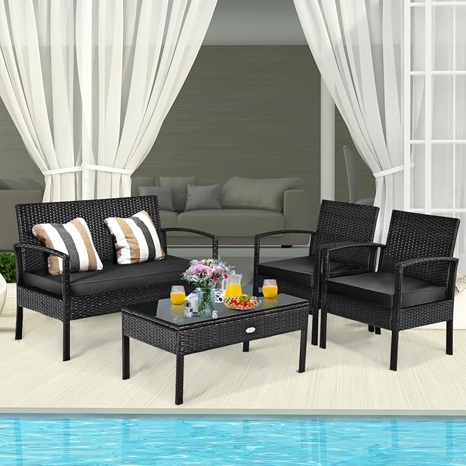 Tangkula 4 Pieces Wicker Patio Conversation Furniture Set, Outdoor Rattan Chair and Table Set, Patio Furniture Sets with Coffee Table & Washable Cushions for Courtyard Balcony Garden
