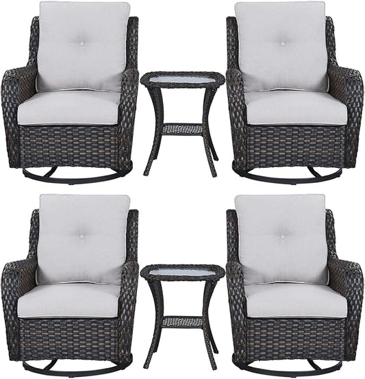 Rilyson Wicker Rocking Chair Swivel Chairs – 6 Piece Rocker Patio Furniture Set Rattan Rocking Bistro Sets with Glass Top Side Table for Outdoor Porch Deck Garden Backyard(Brown/Beige)