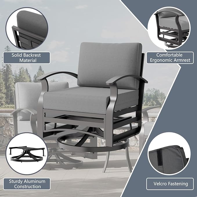 Aluminum Outdoor Patio Furniture Set,7 Seats Patio Conversation Sets with 45" Propane Fire Pit Table,Metal Patio Sectional Furniture Set with 2 Swivel Rocking Chairs,Grey
