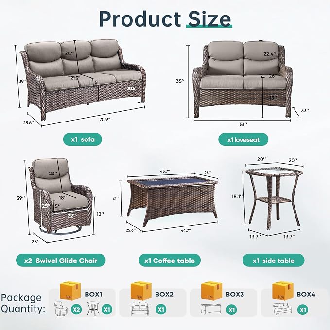 Outdoor Swivel Rocker Patio Chairs Set of 9 with 5" Thick Cushions,9 Piece Furniture Set with Fire Pit Table All Weather Wicker Conversation Set for Porch Deck - Grey Wicker | Grey Cushions