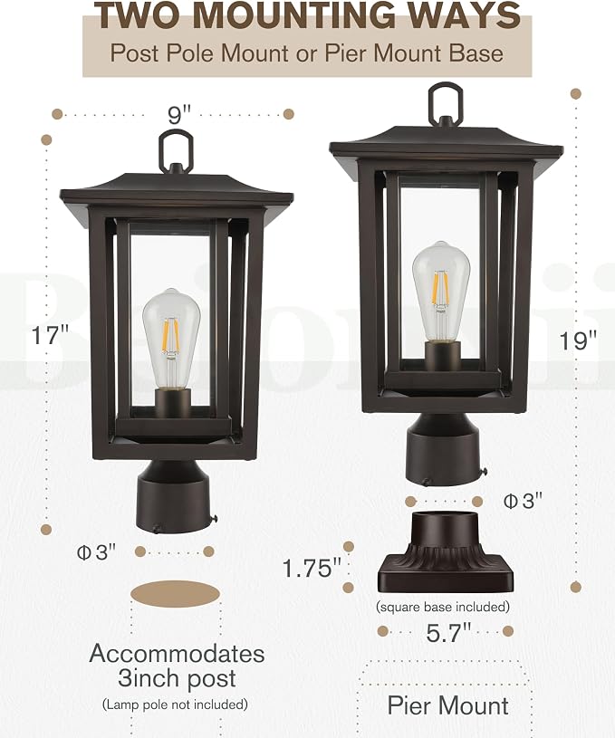 Beionxii Oil Rubbed Bronze Outdoor Post Lights 2 Pack, 19In Lamp Post Light Fixture for Outside with Pier Mount Base, Waterproof Aluminum Housing,ORB Column Mount Light(Hardwired 120V),BXA197-P-2P-ORB
