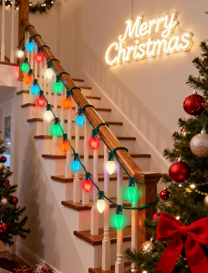 C7 Multicolor Christmas Lights Outdoor, 26Ft Vintage 5W Incandescent Christmas String Lights with 27 Ceramic Light Bulbs, Hanging Old Fashioned Xmas Decor Lights for Party Holiday Backyard Wedding