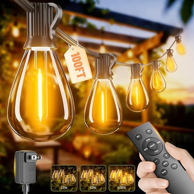 100FT Outdoor String Lights with Remote & Dimmable, 35+1 Shatterproof Waterproof Bulbs, Dimmable Outside Hanging Patio Lights for Backyard, Porch, Deck, Garden 2200K Warm Yellow