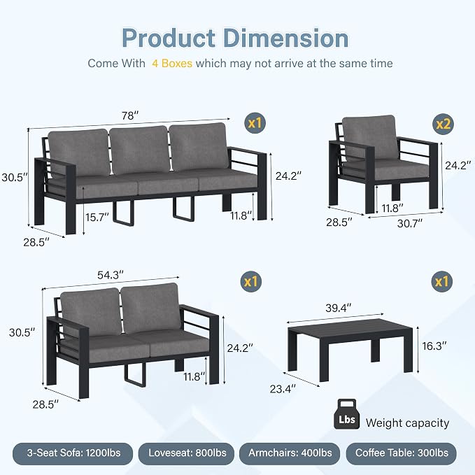 7-Seat Aluminum Patio Furniture Set, 5 Piece Outdoor Conversation Set with 4" Thick Washable Cushions & Coffee Table, Outdoor Sectional Sofa for Backyard, Deck, Porch, Poolside