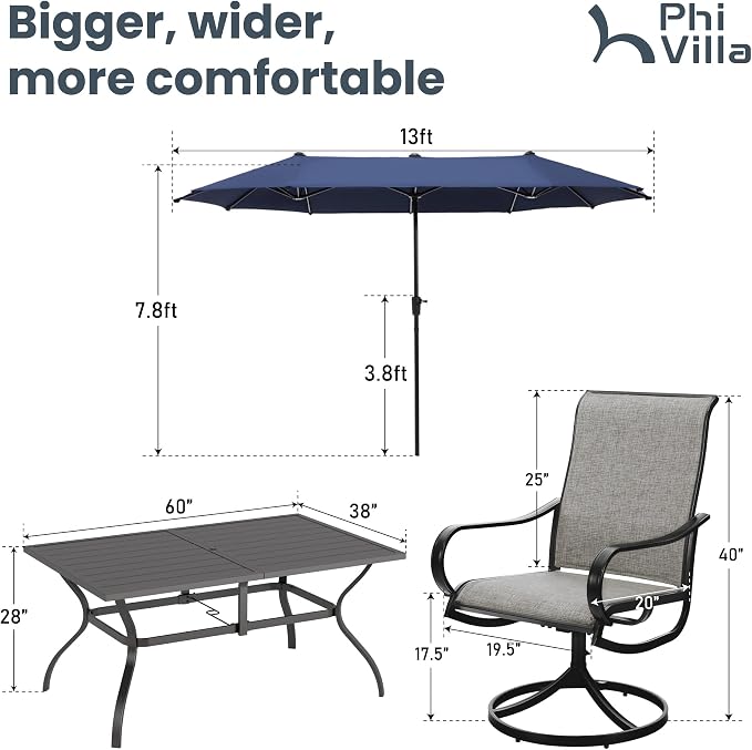 PHI VILLA Patio Dining Set with 13ft Umbrella for 6, Swivel Mesh Chairs | 60'' metal rectangular table, 6 brown outdoor textilene chairs and 13ft navy blue umbrella(NO BASE) for deck, garden, yard