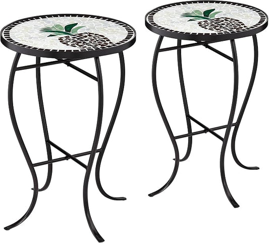 Teal Island Designs Pineapple Modern Black Metal Round Outdoor Accent Side Tables 14" Wide Set of 2 Beige Mosaic Tile Tabletop Gracefully Curved Legs for Spaces Porch Patio Home House Balcony Deck