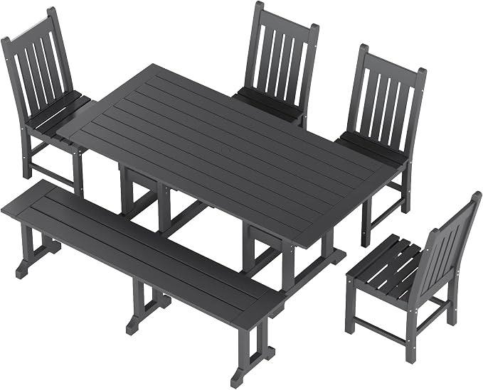 WestinTrends Malibu 6 Piece Outdoor Dining Set with Bench, All Weather Poly Lumber Patio Table and Chairs Set, 71" Trestle Dining Table with Umbrella Hole, 5 Patio Chairs with Bench, Gray
