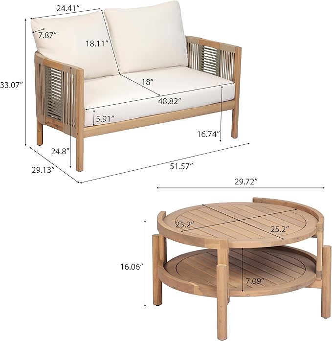 Christopher Knight Home 4-Piece Acacia Wood Patio Furniture Set with Coffee Table, 4 Seater Outdoor Conversation Sofa Set, Patio Sectional Chat Set for Backyard Balcony, Teak+ Beige