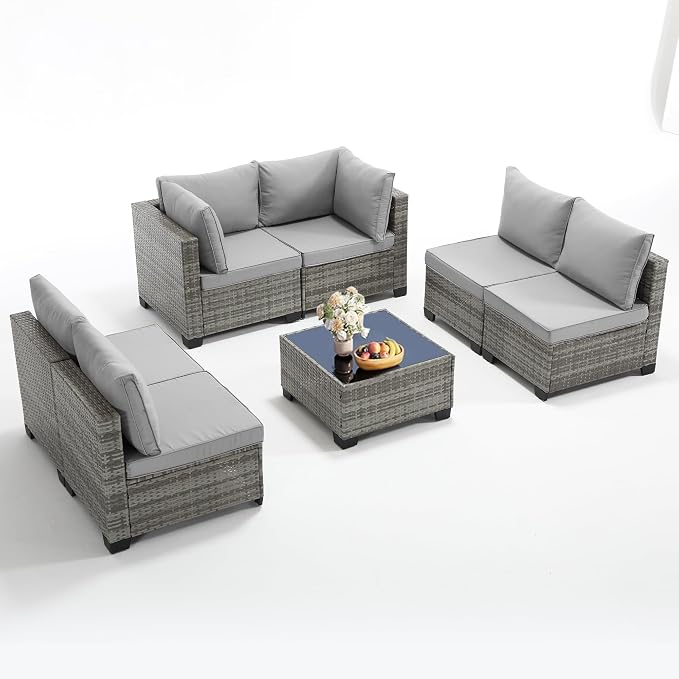7-Piece Outdoor Patio Furniture Set, Gray PE Rattan Sectional Sofa with Light Grey Cushions and Steel Frame, Coffee Table Included, Modular Outdoor Conversation Set for Patio Garden Poolside