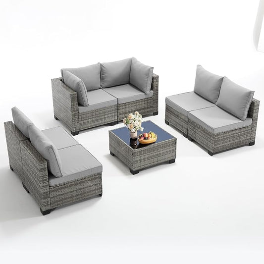 7-Piece Outdoor Patio Furniture Set, Gray PE Rattan Sectional Sofa with Light Grey Cushions and Steel Frame, Coffee Table Included, Modular Outdoor Conversation Set for Patio Garden Poolside