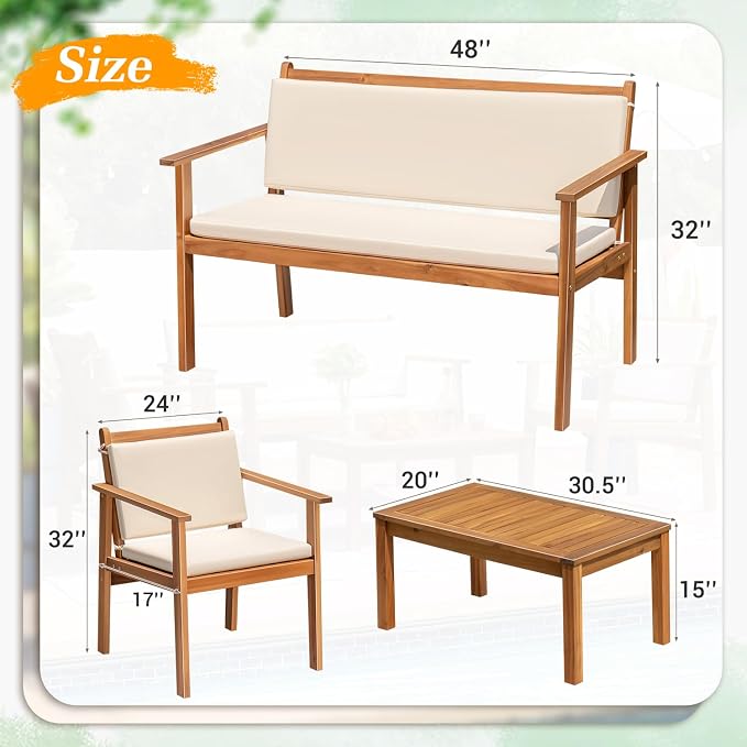 Greesum Outdoor Patio Furniture, 4 Piece Bistro Sofa Set with Coffee Table and Loveseat, Acacia Wood Conversation Sets with Cushions, for Garden, Backyard, Poolside, White