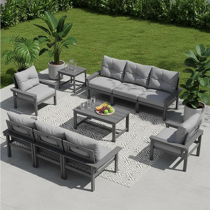 HDPE 3 Piece Patio Furniture Set, All-Weather Outdoor Couch Set with Thick Cushions, Patio Conversation Sets for Lawn, Garden, Porch, Deck, Balcony, Poolside, Grey Frame Grey Cushion
