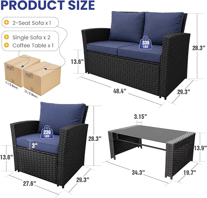 FHFO 4 Piece Outdoor Wicker Patio Furniture Set, Black/Blue | Sectional Sofa | All-Weather Hand-Woven Rattan | Tempered Glass Coffee Table | Durable Fabric | Indoor & Outdoor Use