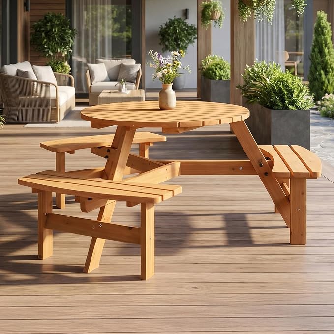 VINGLI Wood Picnic Table Outdoor Round Picnic Table with Umbrella Hole and 3 Built-in Benches, Outdoor Dining Tables and Chairs 300 LBS Bench Capacity (Natural, Round)