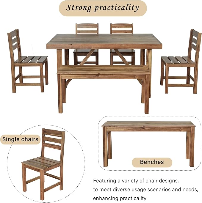 6 Piece Patio Dining Set with Dining Table and Chairs Set, Wood Outdoor Table with Bench, Rectangular Table Set for Balcony and Backyard (Natural Wood)