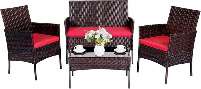 Patio Furniture Set,4 Piece Garden Conversation Set, Outdoor Wicker Rattan Table and Chairs, Black Patio Set, Sectional Sofa with Thick Cushion for Garden, Yard, or Porch (Brown/Red)
