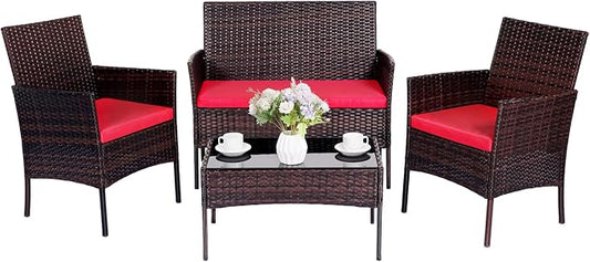 Patio Furniture Set,4 Piece Garden Conversation Set, Outdoor Wicker Rattan Table and Chairs, Black Patio Set, Sectional Sofa with Thick Cushion for Garden, Yard, or Porch (Brown/Red)