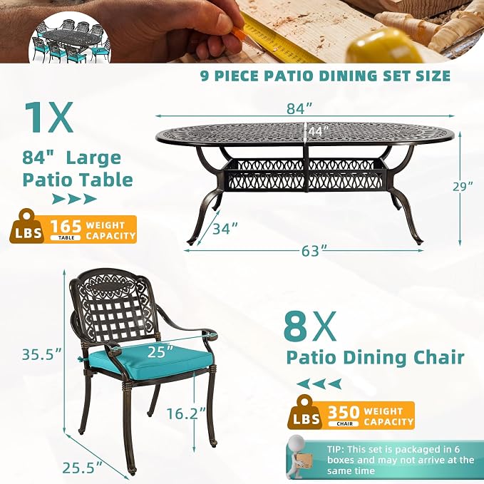 MEETWARM 9-Piece Outdoor Furniture Dining Set, All Weather Cast Aluminum Patio Garden Set with 8 Chairs, 8 Cushions, 1 Oval Table, 2" Umbrella Hole, Dark Bronze, Ocean Blue