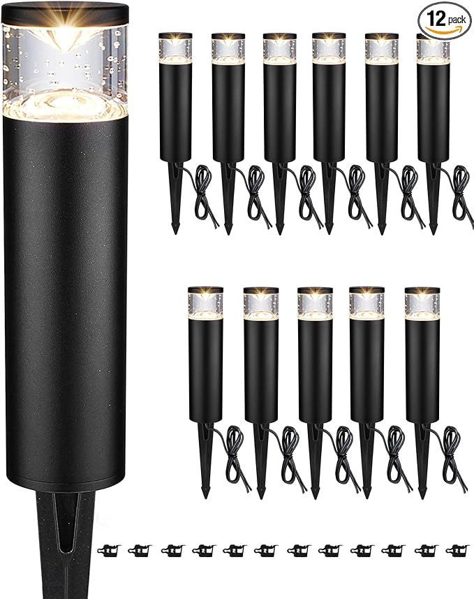 LITFIT 12Pack Low Voltage Bollard Landscape Lights, 12V Aluminum Path Light | 5W 3000K Warm White Electric Outdoor Garden Light with Connectors, 50000H Waterproof Wired LED Lawn Walkway Light, ETL Listed