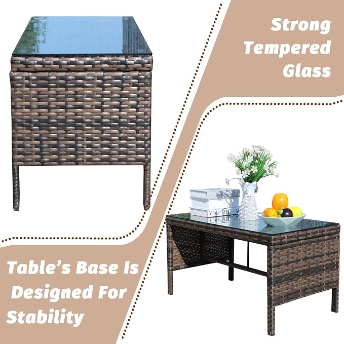 Outdoor Rattan Patio Side Tables, Wicker Table with Clear Tempered Glass Top, Patio End Tables with Storage Shelf, Outdoor Small Tables for Patio,Porch,Balcony,Backyard (Brown, 30.75 Inch)