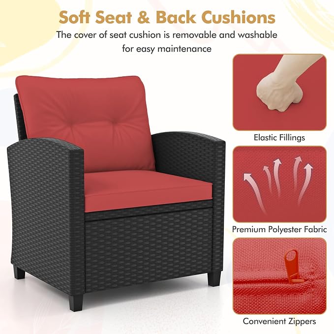 HAPPYGRILL 3 Pieces Wicker Patio Conversation Set, PE Rattan Bistro Sofa Set with Tempered Glass Coffee Table, Washable Cushions, Outdoor Furniture Set for Garden Poolside Balcony (Red)