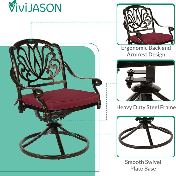 VIVIJASON 9-Piece Patio Dining Set, Rust-Free Cast Aluminum Outdoor Conversation Set, Includes 8 Swivel Dining Chairs & 61" Round Dining Table with 31" Lazy Susan, Umbrella Hole, Red