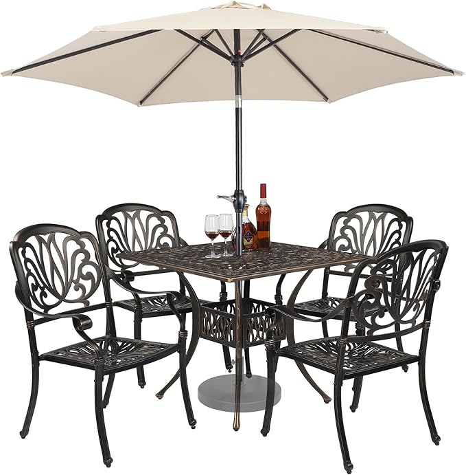 VINGLI 5-Piece Cast Aluminum Outdoor Patio Dining Set with 9ft Umbrella, Space-Saving Stackable Chairs & Table for Yard, Garden, Porch, Poolside, Square Table