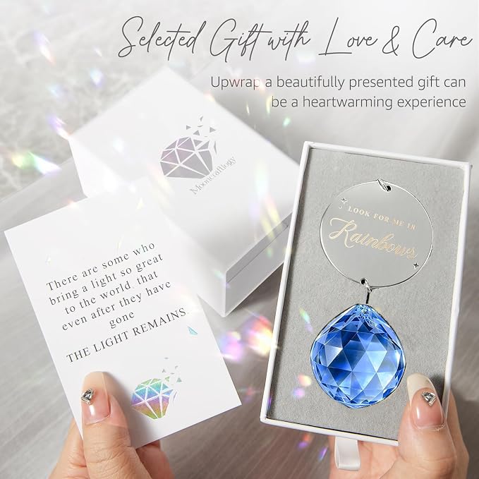 Mooncraftlogy Memorial Gift for Loss of Loved One, Light Crystal Suncatcher | Unique Sympathy Idea, Navy Blue Prism Crystal Ball, Grief Rainbow Sun Catcher, Bereavement Box for Mom Dad Son Daughter